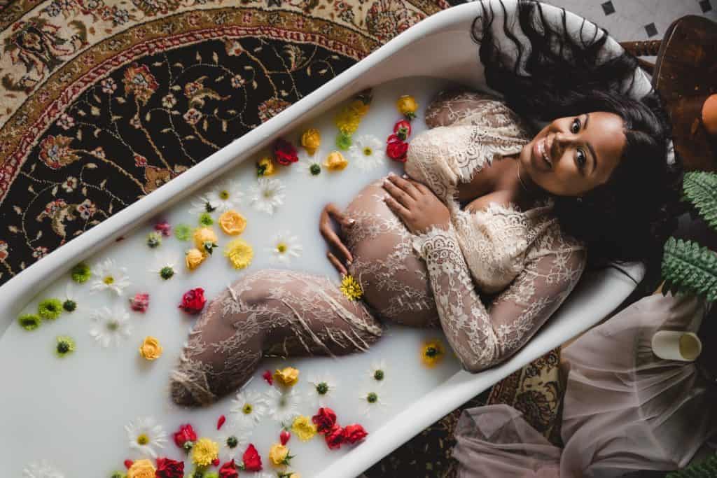 milk bath maternity photoshoot